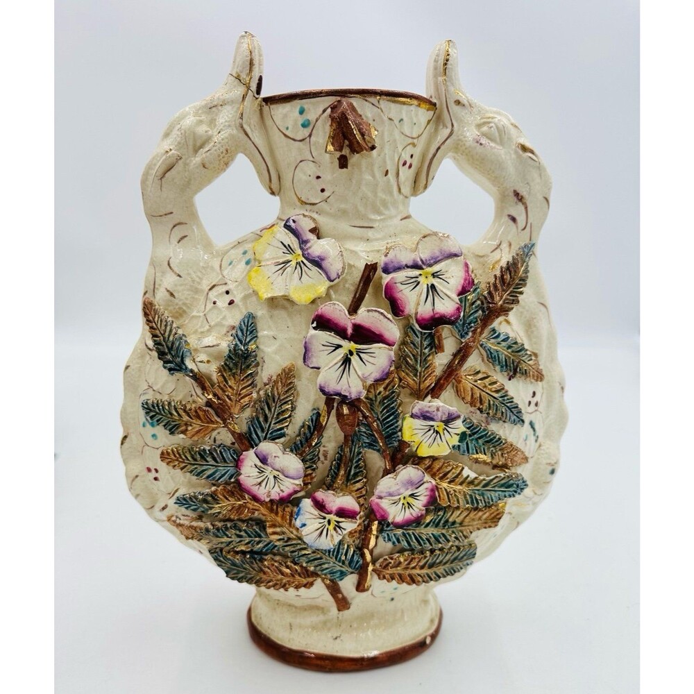 Antique Barbotine Majolica English Victorian Pottery Vase Dragons Pansy Flowers